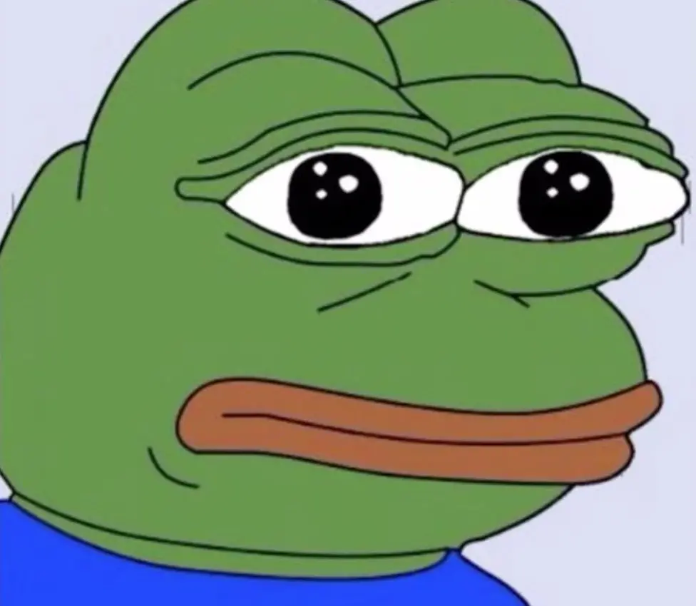 Pepe the Frog, seekor kodok hijau, melihat pengguna dengan ekspresi wajah yang murung.