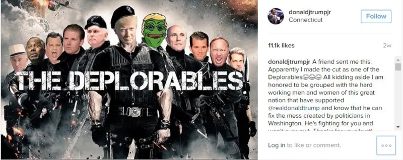 Tweet Donald Trump Jr. dengan gambar-gambar tokoh-tokoh konservatif Amerika berjejeran. Trump berada di tengah dengan Pepe the Frog di sampingnya.